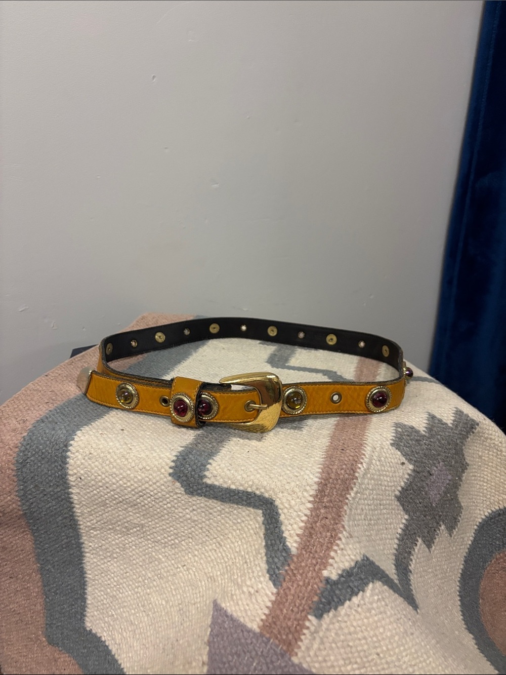 Yellow Leather Belt with Gold Buckle and Red Gem Details